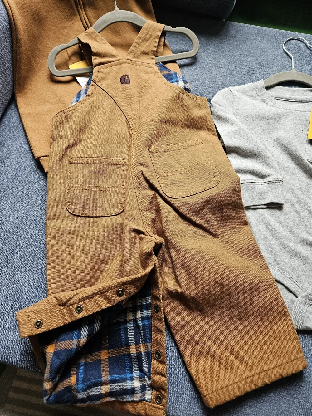 Carhartt 12 Month Boys Hooded Sweatshirt Onesie, Bib Overall & Gray Bodysuit Set
